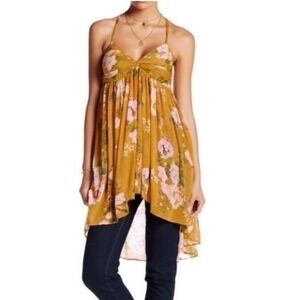 Free People Babydoll MIRAGE Convertible Mustard Floral Flowy Sheer Top Size Med